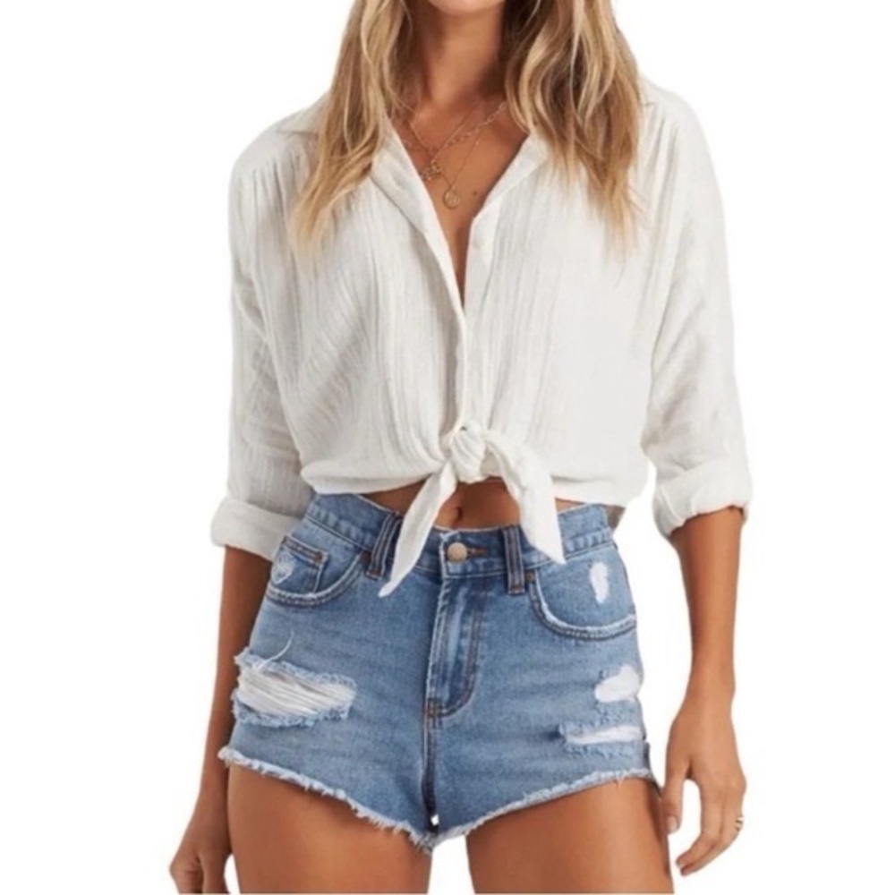Billabong drift away Blue Denim High-Rise  Distressed Raw Hem Cotton Shorts Sz28